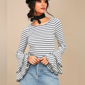 We The Free Black Scoop Neck Striped Layered Bell Sleeve Top Size M
